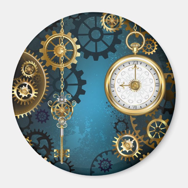Imã Fundo turquesa estilo Steampunk com Engrenagens (Frente)