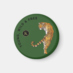 Imã Fundo Verde do Monograma de Tigre Jovem, Selvagem