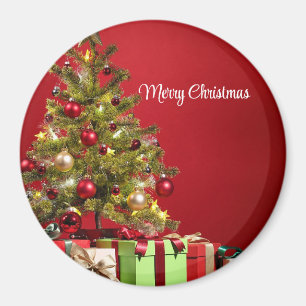 Imã Fundo Vermelho com Árvore de Natal Decorativa
