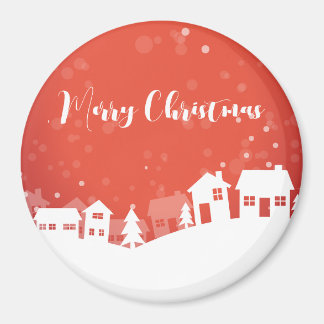 Imã Fundo Vermelho com Flocos de Neve e Casas