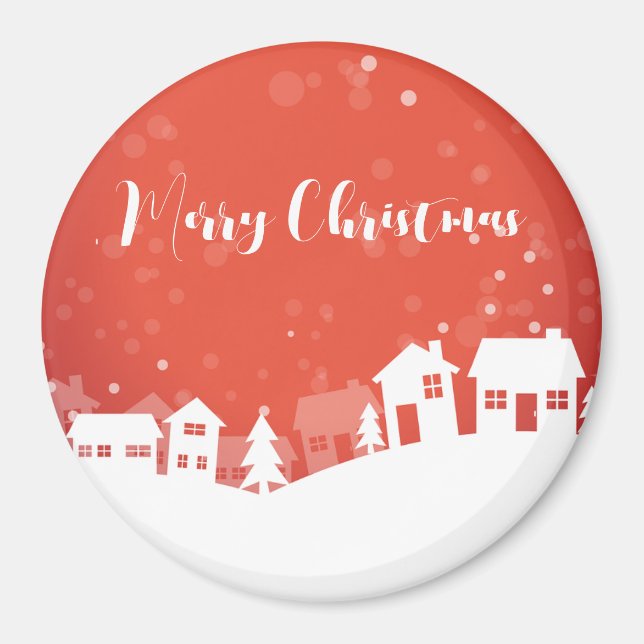 Imã Fundo Vermelho com Flocos de Neve e Casas (Frente)