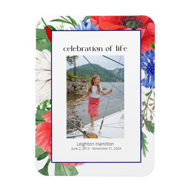 Ímã Funeral de Colagem de Fotos do Red Blue Florals (Vertical)