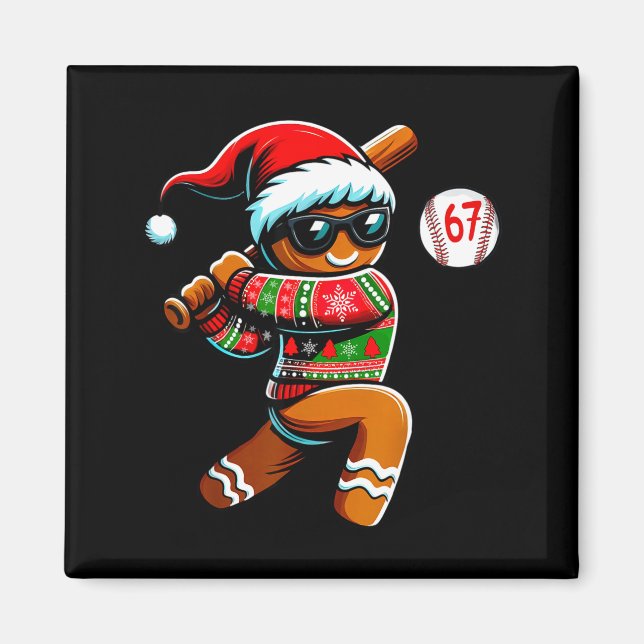 Imã Funny 67 Gingerbread Man Playing Baseball Christma (Frente)