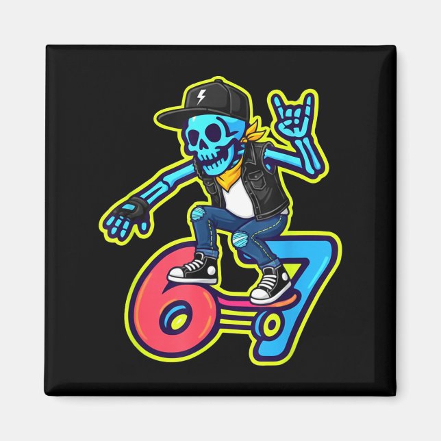 Imã Funny 67 Skeleton Skater Meme Retro Skateboarding  (Frente)