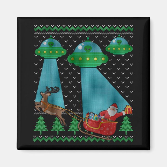 Imã Funny Alien Ufo Santa Sleigh Ugly Christmas Sweate (Frente)