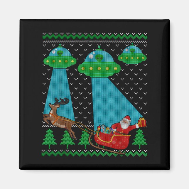 Imã Funny Alien Ufo Santa Sleigh Ugly Christmas Sweate (Frente)