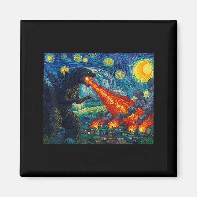 Imã Funny Art Japanese Monster Kaiju In Van Gogh Starr (Frente)
