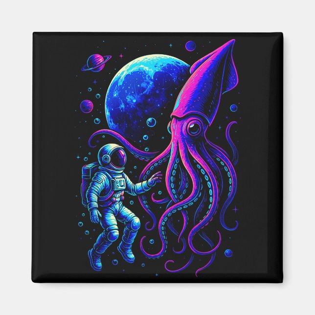Imã Funny Astronaut And Squid In Underwater Space With (Frente)