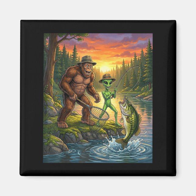 Imã Funny Bigfoot Fishing Mens Alien Sasquatch Fishing (Frente)