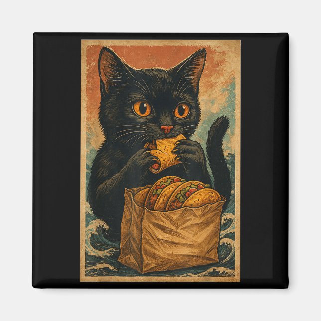Imã Funny Black Cat Eating Tacos Retro Japanese  (Frente)
