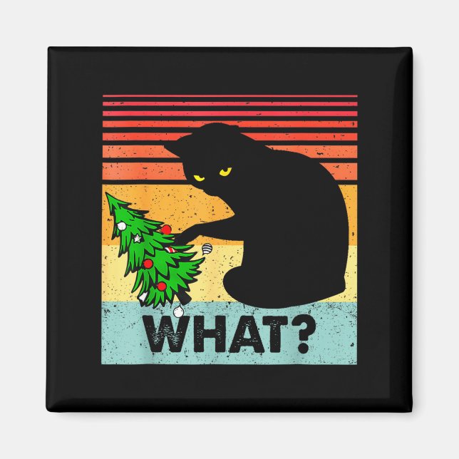 Imã Funny Black Cat Gift Pushing Christmas Tree Over C (Frente)