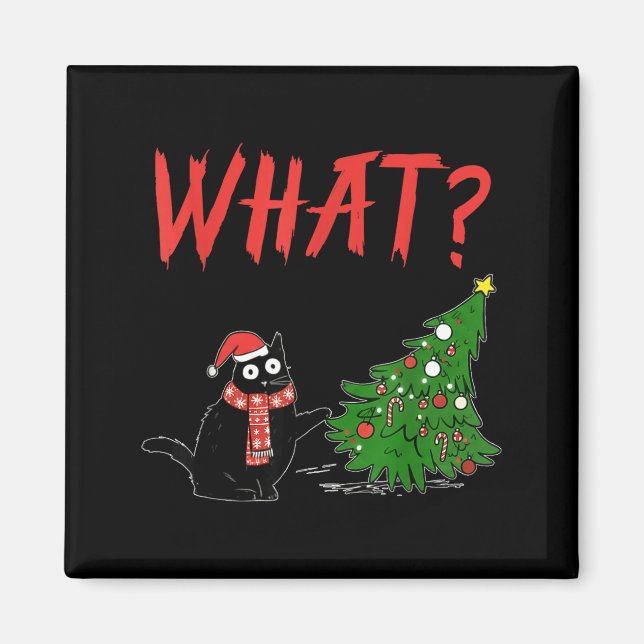 Imã Funny Black Cat Gift Pushing Christmas Tree Over C (Frente)