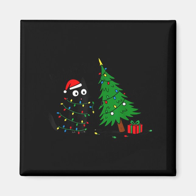 Imã Funny Black Cat Pushing 67 Christmas Tree Over Cat (Frente)