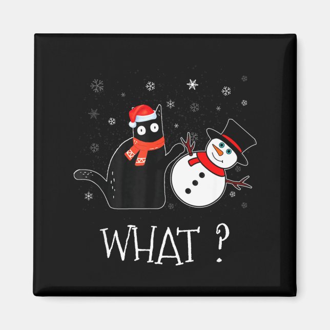 Imã Funny Black Cat Pushing Snowman Christmas Winter C (Frente)