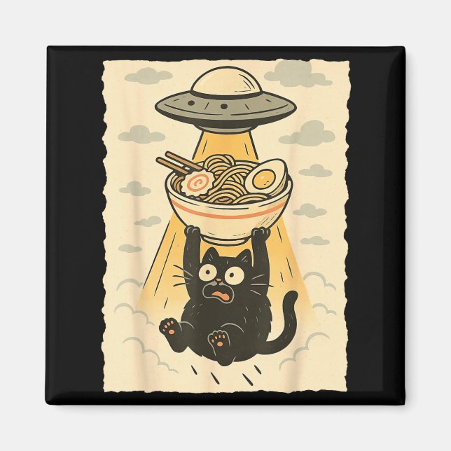 Imã Funny Black Cat Ufo Ramen Alien Abduction Graphic  (Frente)