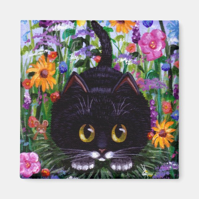 Imã Funny Black Tuxedo Cat Flowers (Frente)