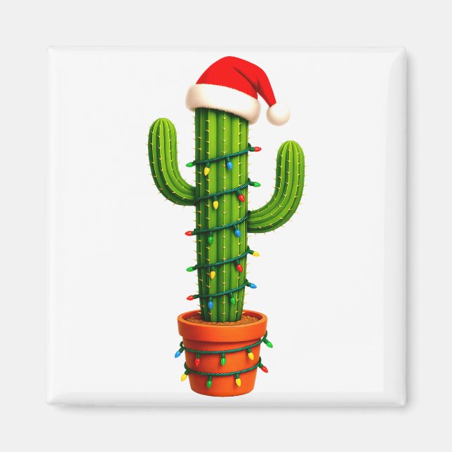 Imã Funny Cactus Santa Hat Xmas Tree Lights Merry Chri (Frente)