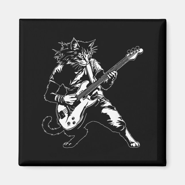 Imã Funny Cat Playing B Guitar Rock Music Lover Musici (Frente)