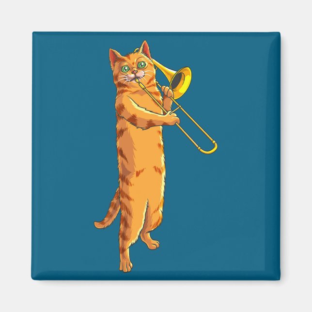 Imã Funny Cat Playing Trombone Gift Cool Kitten Musici (Frente)