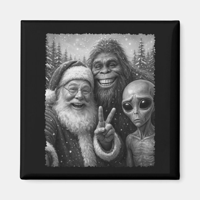 Imã Funny Cat Santa Bigfoot Alien Christmas Selfie Tee (Frente)