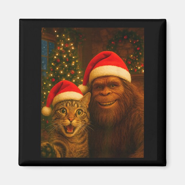 Imã Funny Cat Selfie With Bigfoot Christmas Sasquatch  (Frente)