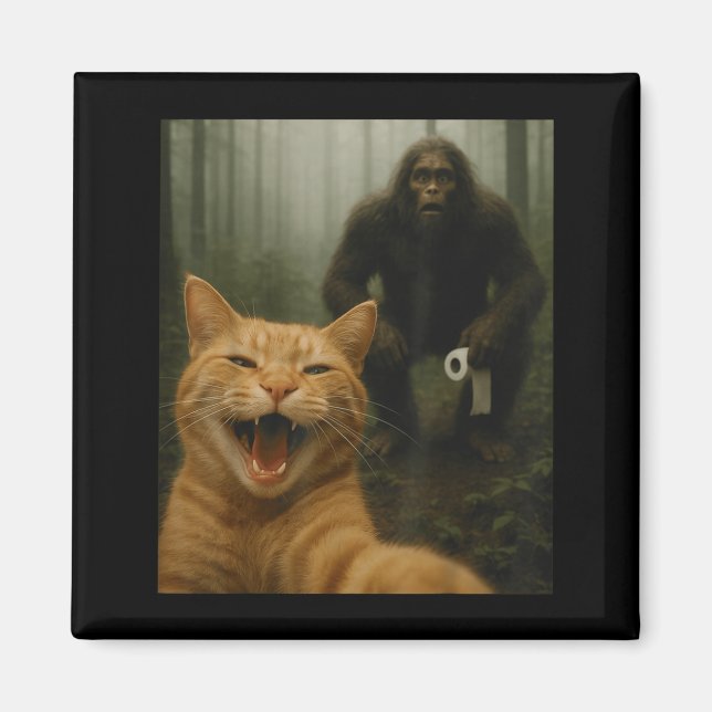 Imã Funny Cat Surprised Happy Selfie With Bigfoot Sasq (Frente)