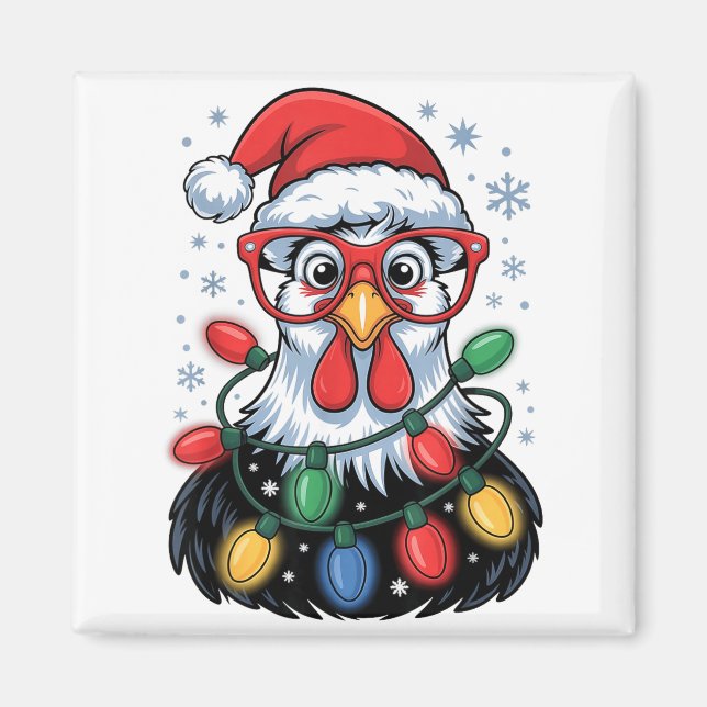 Imã Funny Chicken Christmas Tree Lights Santa Hat Xmas (Frente)