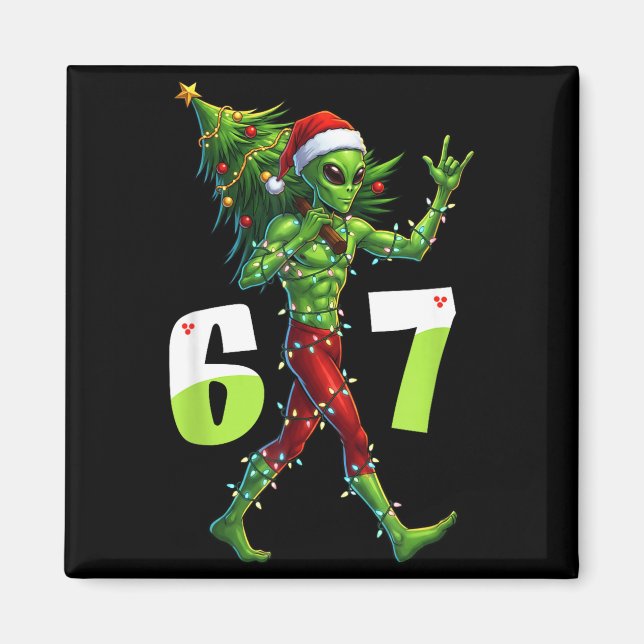 Imã Funny Christmas Alien Six Seven Meme 67 Santa Hat  (Frente)