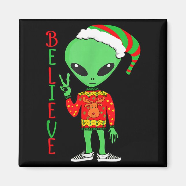 Imã Funny Christmas Alien Ugly Sweater I Believe Santa (Frente)