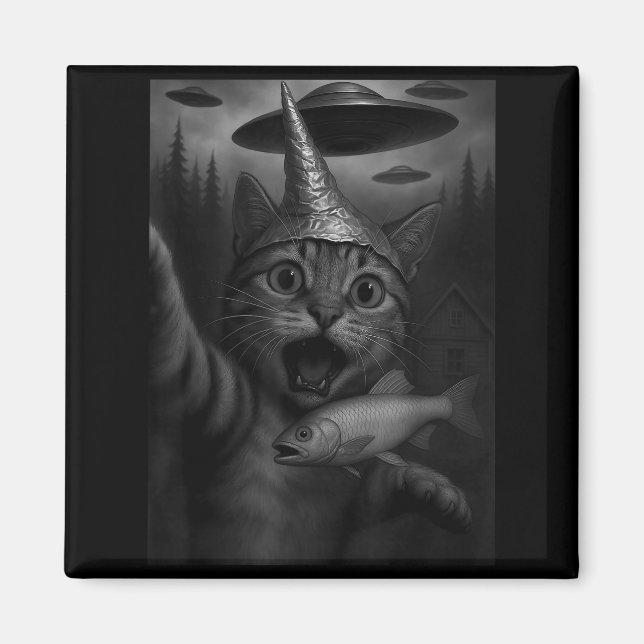 Imã Funny Consracy Cat In Tin Foil Hat Panics At Alien (Frente)