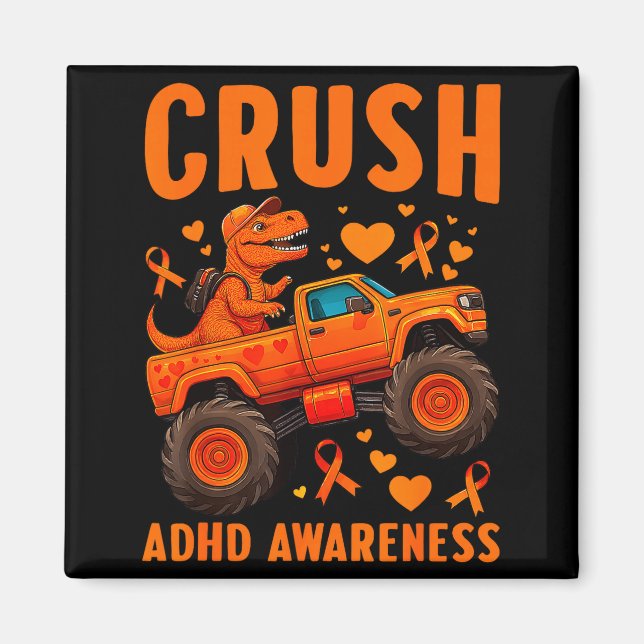 Imã Funny Crush Adhd Awareness T-rex Monster Truck Kid (Frente)