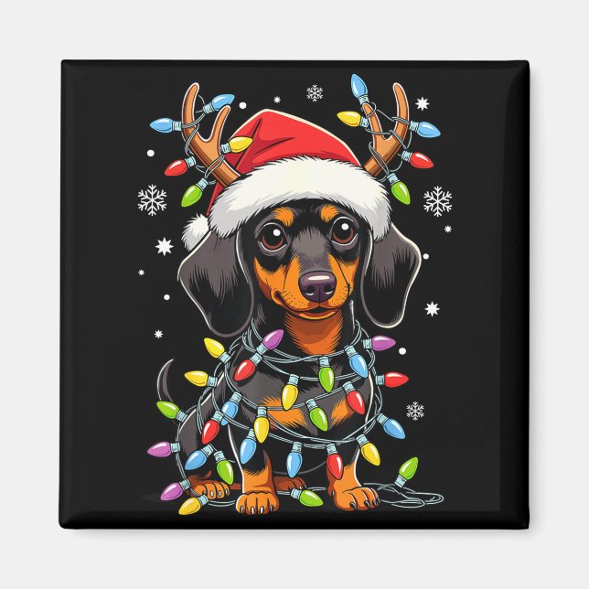 Imã Funny Dachshund Christmas Lights Santa Hat Xmas  (Frente)