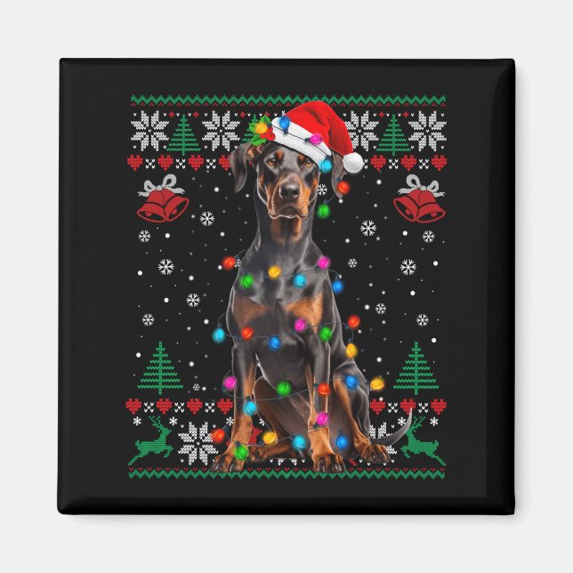 Imã Funny Doberman Christmas Santa Hat Dog Ugly Sweate (Frente)