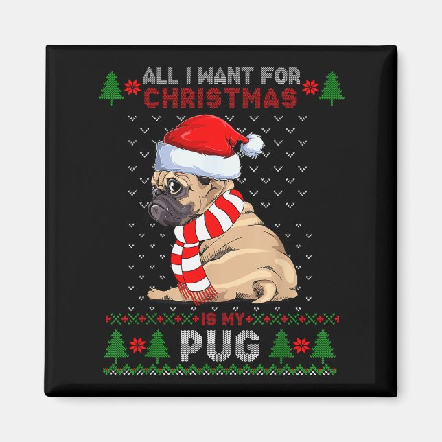 Imã Funny Dog Lovers Cute Pug Santa Hat Ugly Christmas (Frente)