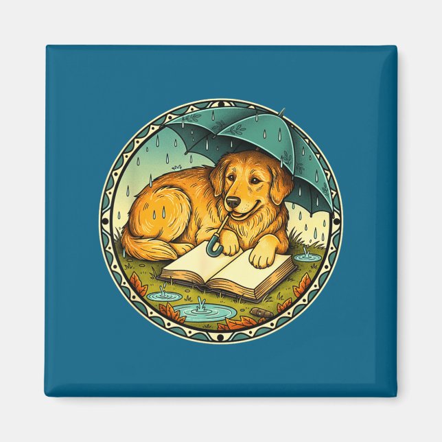 Imã Funny Dog Reading Book Rain Cozy Umbrella Cute Art (Frente)