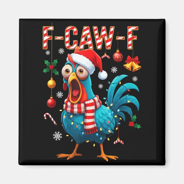 Imã Funny F-caw-f Christmas Chicken Xmas Lights Santa  (Frente)