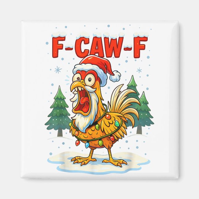 Imã Funny F-caw-f Christmas Chicken Xmas Lights Santa  (Frente)