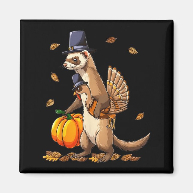 Imã Funny Ferret Turkey Pumpkin Thanksgiving Gift Men  (Frente)