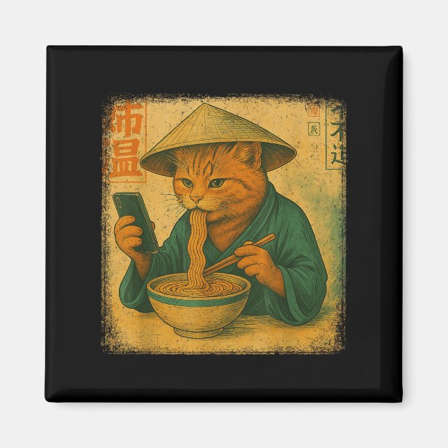Imã Funny Japanese Cat Eat Ramen And Scroll Phone Anim (Frente)