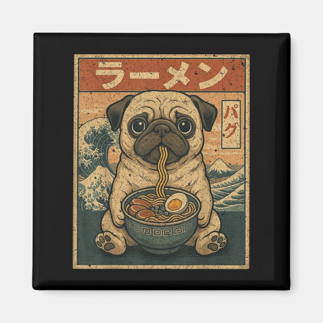 Imã Funny Kawaii Ramen Pug Noodles Japoneses Pug Comen (Frente)