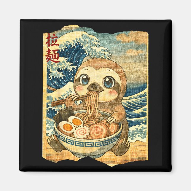 Imã Funny Kawaii Sloth Ramen Noodle Bowl Japanese Wave (Frente)