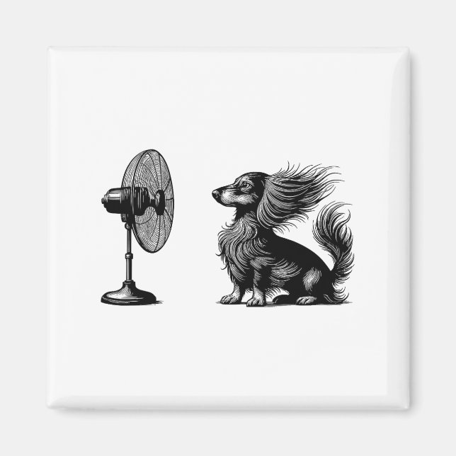 Imã Funny Long Haired Dachshund Dog With Fan Doxie Wie (Frente)