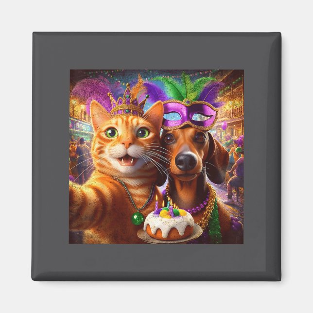 Imã Funny Mardi Gras Cat Dachshund Selfie Squad  (Frente)