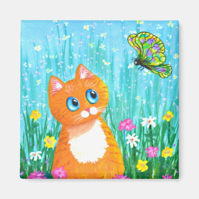 Imã Funny Orange Tabby Cat Butterfly Creationarts (Frente)