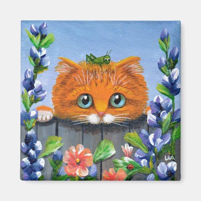 Imã Funny Orange Tabby Cat Flowers (Frente)