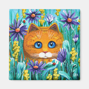 Imã Funny Orange Tabby Cat Mouse Flowers