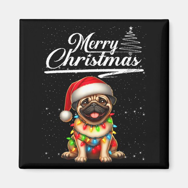 Imã Funny Pug Dog Christmas Lights Santa Hat Candy Can (Frente)