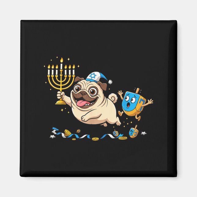 Imã Funny Pug Dreidel Menorah Hanukkah Kids Womens Men (Frente)