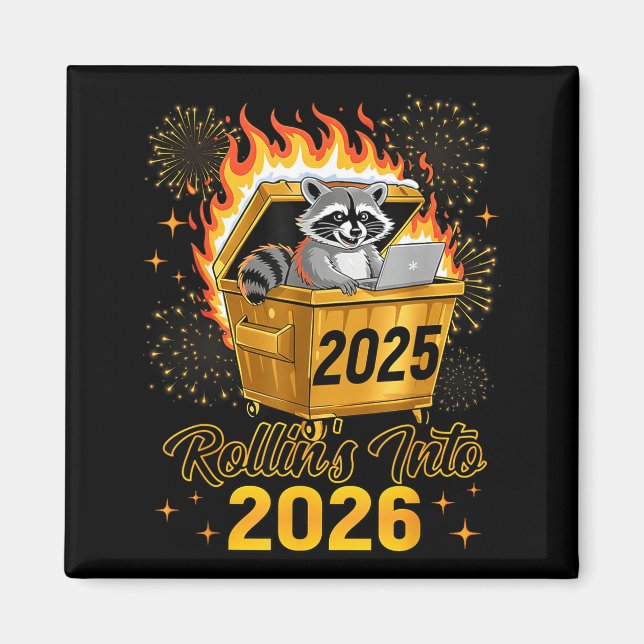 Imã Funny Raccoon Rollin's Into 2026 New Year Matching (Frente)