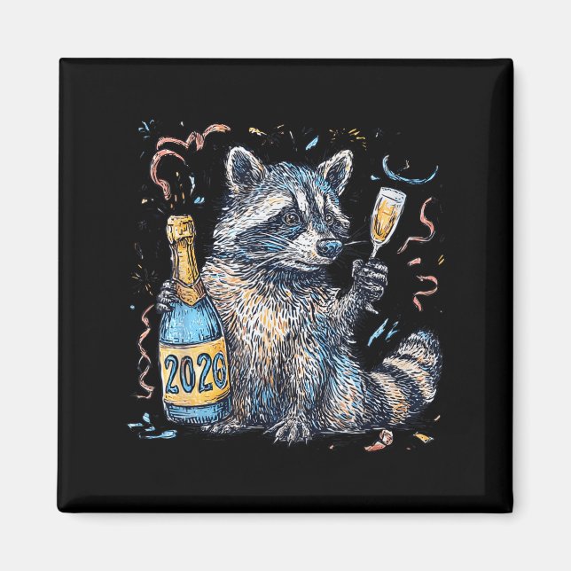 Imã Funny Raccoon With Champagne Disco Ball New Years  (Frente)